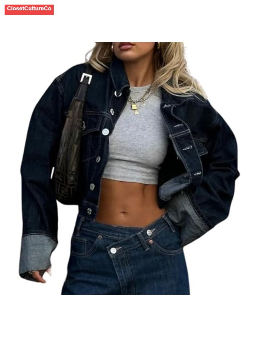 Womens Cropped Fitted Denim Jacket Button Up Long Sleeve Stretch Jean Coat